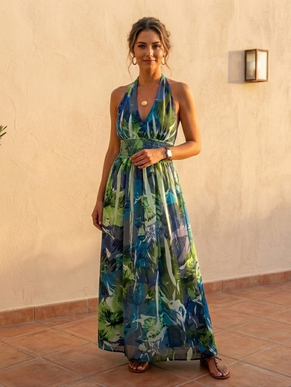 Y2K Dots Green Blue Halter Backless Maxi Dress Party Boho Summer Sexy Sz L